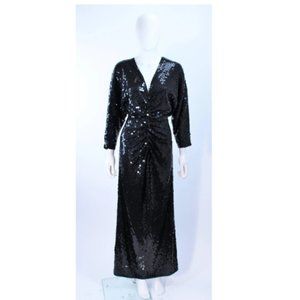 Vintage Oleg Cassini Black Sequin Knot Front Long Sleeve Dress